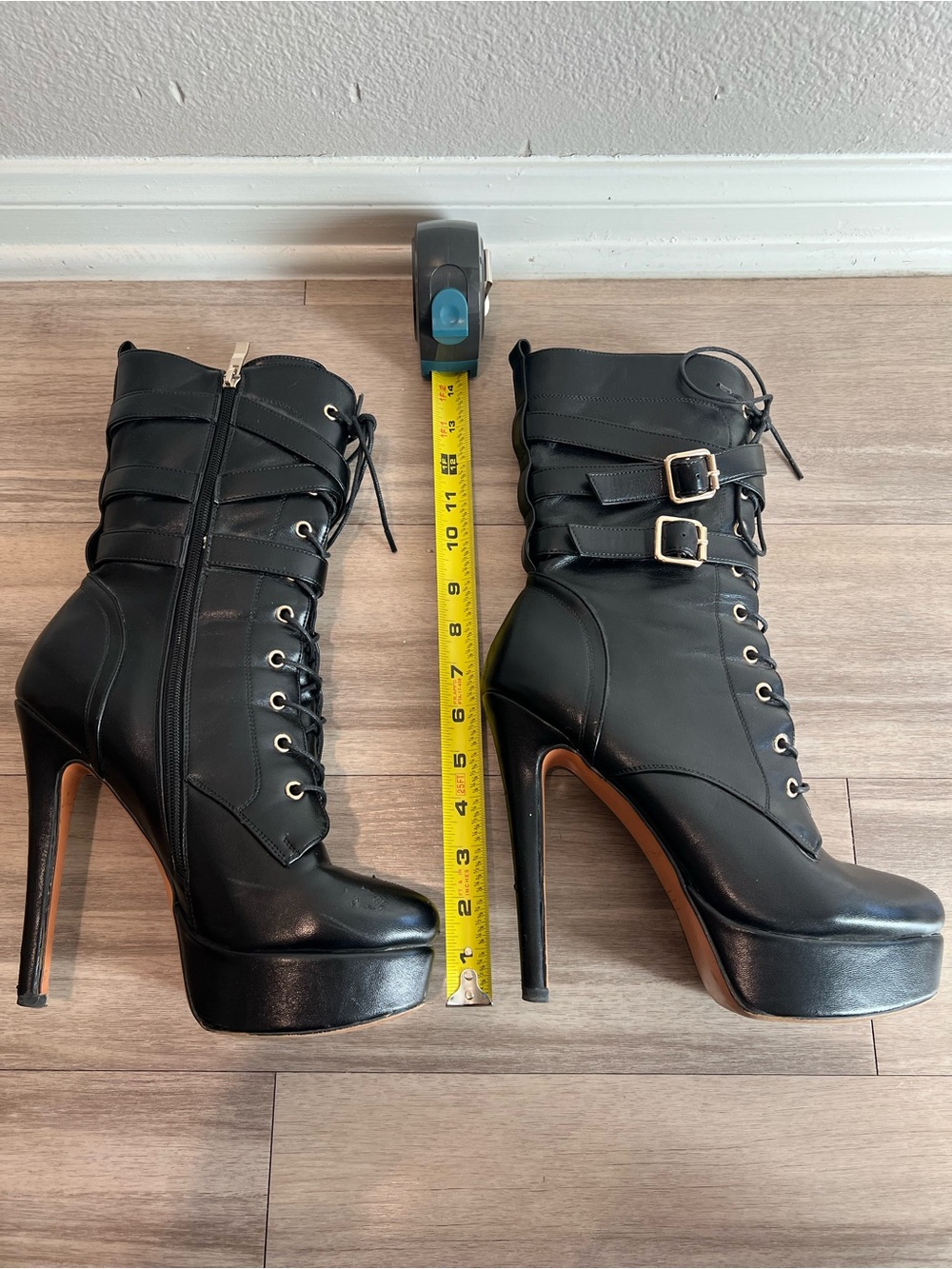 High Stiletto Lace-Up Ankle Boots with Dual Buckle Straps - Black